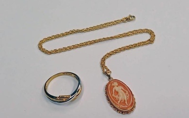9CT GOLD CAMEO PENDANT ON 9CT GOLD CHAIN & 9CT GOLD RING - 6...