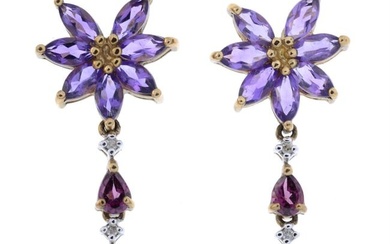 9ct gold amethyst, diamond & garnet drop earrings