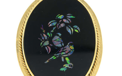 9ct gold onyx & opal mosaic brooch