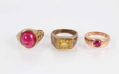 9ct gold red cabochon ring, 9ct gold red synthetic stone ring and 9ct gold yellow synthetic stone ring (3)