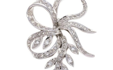 A 14K White Gold Diamond Floral & Bow Brooch