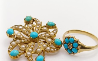 A 15ct gold seed pearl and turquoise brooch, and a similar r...