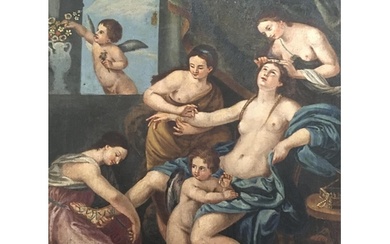 A 17th century style oil painting depicting a nude woman wit...