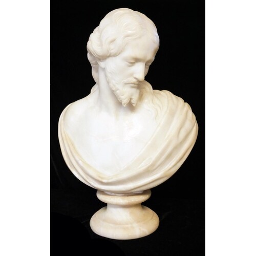 A 19TH CENTURY WHITE MARBLE BUST OF CHRIST On turned socle ...