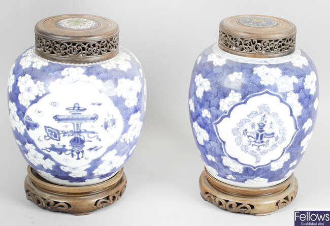 A 19th century Chinese porcelain blue and white jar, together with another similar example.