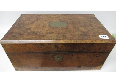 A 19th century burr walnut writing box with a fitted interio...