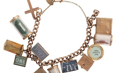 A 9-carat gold charm bracelet, curb linking to a heart-shaped padlock clasp, suspending twelve charms, including a 10 shilling note, length 18cm, British hallmarks for 9-carat gold