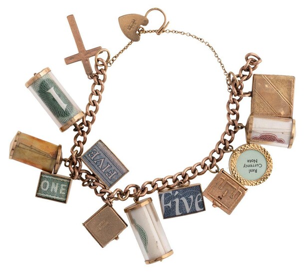 A 9-carat gold charm bracelet, curb linking to a heart-shaped padlock clasp, suspending twelve charms, including a 10 shilling note, length 18cm, British hallmarks for 9-carat gold