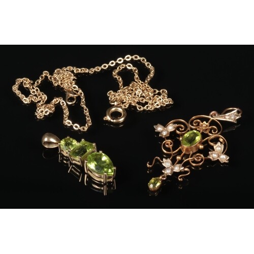 A 9 carat gold peridot and seed pearl openwork pendant and y...