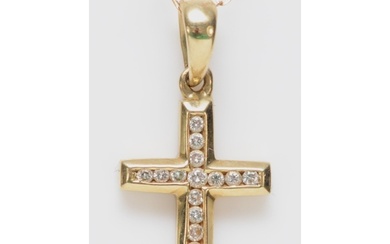 A 9ct gold and brilliant cut diamond set cross pendant, stat...