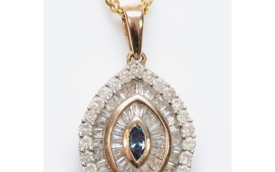 A 9ct gold sapphire and diamond pendant, with baguette and b...