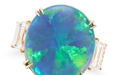 A BLACK OPAL AND DIAMOND RING set with an oval cabochon black opal of approximately 19.26 carats,...