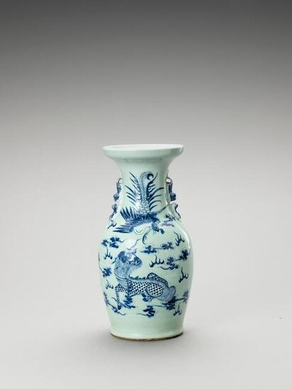 A BLUE AND WHITE CELADON 'QILIN AND PHOENIX' VASE