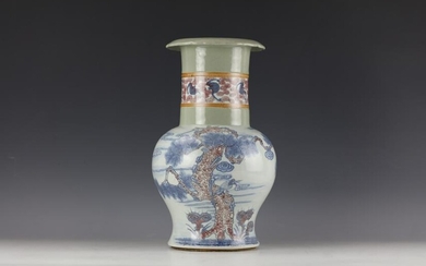 A Blue White Underglazed-Red Figural Vase with Handles