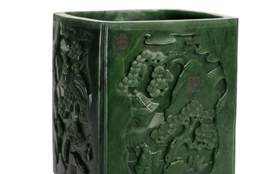 A CARVED SPINACH GREEN JADE SQUARE BRUSH POT