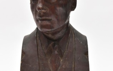 A CARVED WOODEN BUST, SIGNED 'A.E. EISENBERG', 31CM HIGH