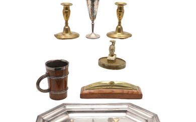A CAST BRASS WEIGHTED PAPERWEIGHT, A PAIR OF CANDLESTICKS, A PAIR OF PLATED GOBLETS, AND OTHER ITEMS.
