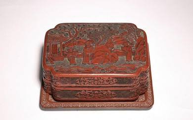 A CINNABAR LACQUER 'FIGURES' BOX AND TRAY