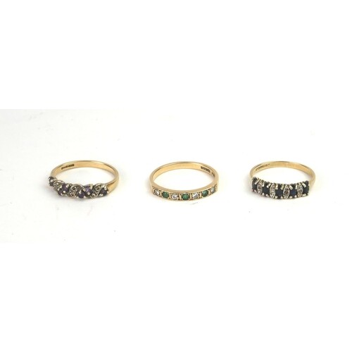A COLLECTION OF THREE 9CT GOLD, DIAMOND AND GEM SET RINGS Se...