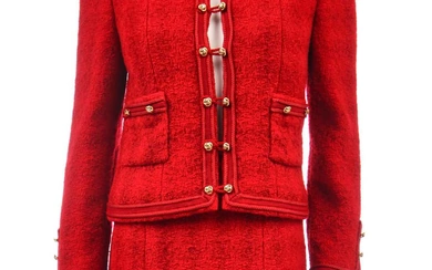 A Chanel cherry-red tweed suit, late 1980s-early 1990s