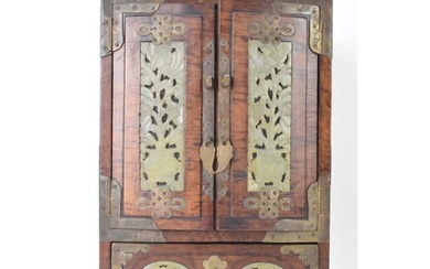 A Chinese 20th century hardwood and jade panelled jewellery ...