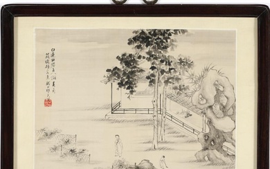 A Chinese composition with figural scene in a garden exterior, colour and...