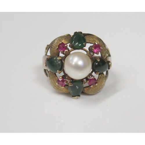 A Cultured Pearl, Jadeite and Ruby Ring in an unmarked gold ...