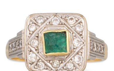 A DIAMOND AND EMERALD CLUSTER RING, mounted in yellow gold. ...