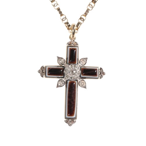 A DIAMOND AND HARDSTONE CROSS PENDANT AND CHAIN the centre s...
