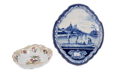 A DUTCH BLUE & WHITE OVAL SHAPED WALL PLAQUE AND A MEISSEN STYLE DISH