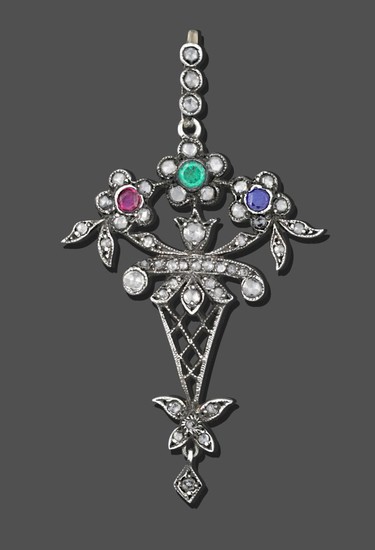 A Diamond, Ruby, Sapphire and Emerald Pendant, a rose cut...