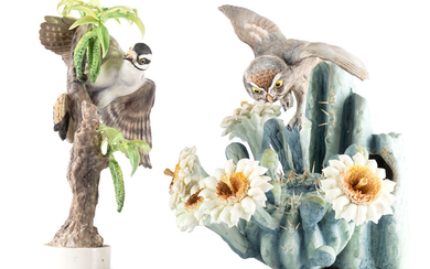 A Dorothy Doughty for Royal Worcester Porcelain Cactus Owl and Downey Woodpecker