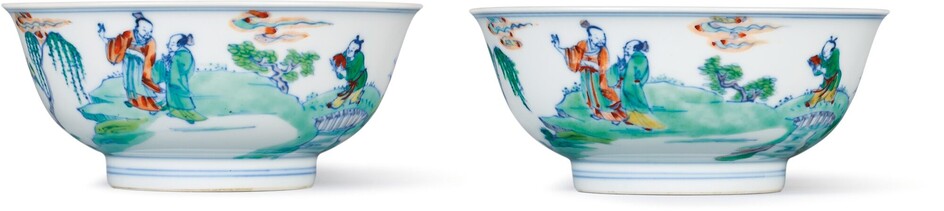 A FINE AND RARE PAIR OF DOUCAI 'FIGURAL' BOWLS MARKS AND PERIOD OF YONGZHENG