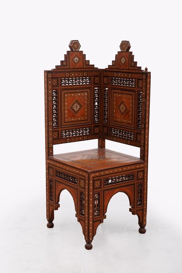 A Fine Damascene Exotic Wood and Mother of Pearl Corner Chair, Syria, Late 19th Century- Early 20th Century