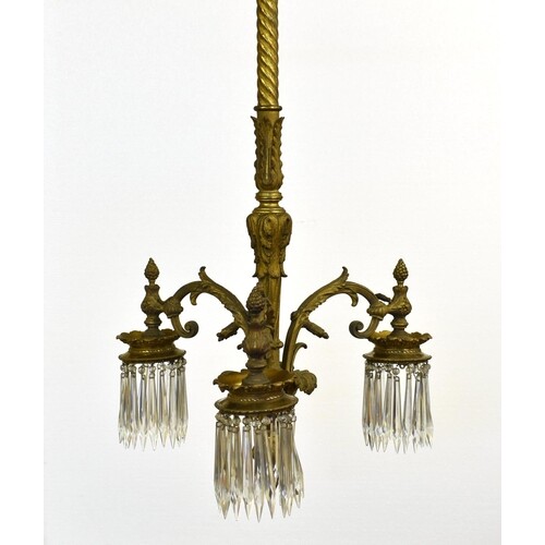A French 19th century gilt bronze and cut glass three light ...