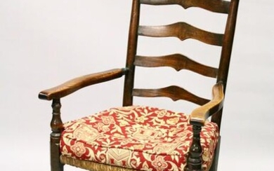 A GOOD 18TH CENTURY OAK LADDER BACK ARMCHAIR, with