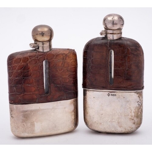 A George VI glass, silver and leather mounted hip flask, mak...