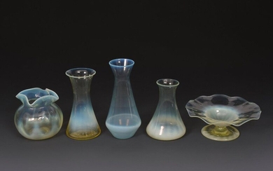 A James Powell & Sons Whitefriars blue opal glass vase, swollen form with flaring neck, two James Powell & Sons straw glass posy vases, an ovoid vase and a tazza unsigned, 13cm. high (tallest) (5)
