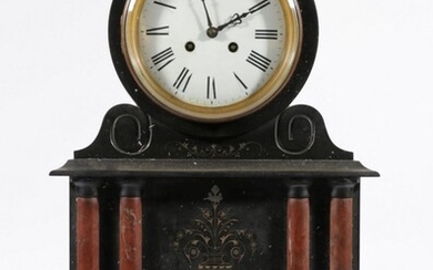 A Large Black Slate Mantle Clock With Rouge Flanked Columns (H:50cm W:36cm D:19cm) (With Pendulum)