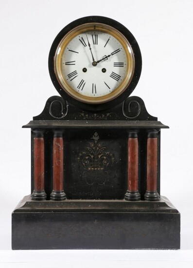 A Large Black Slate Mantle Clock With Rouge Flanked Columns (H:50cm W:36cm D:19cm) (With Pendulum)