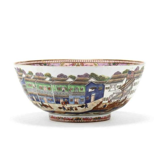 A Large Chinese Export Punch Bowl Featuring the Hongs