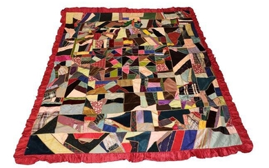 A Late 19th Century Crazy Patchwork Bed Cover, incorporating coloured...
