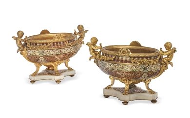 A MATCHED PAIR OF FRENCH ORMOLU-MOUNTED CHAMPLEVE ENAMEL JARDINIERES IN THE MANNER OF BARBEDIENNE, LAST QUARTER 19TH CENTURY