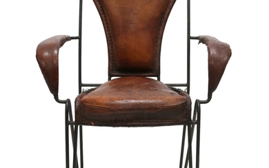 A MID 20TH CENTURY LEATHER & IRON ARMCHAIR AFTER JACQUES...