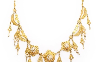 A Middle Eastern gold and seed pearl filigree necklace