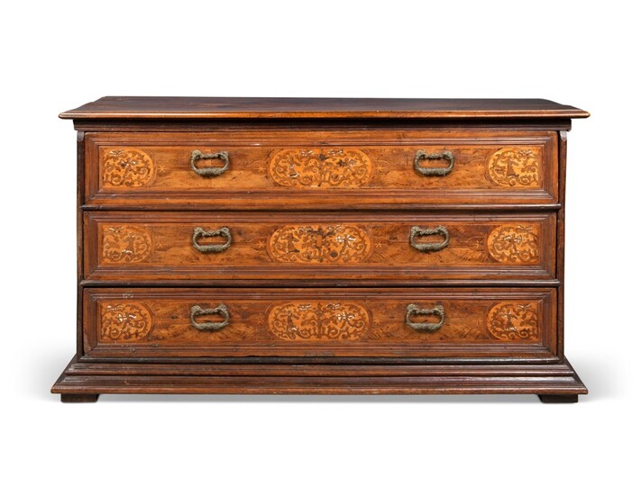 A NORTH ITALIAN WALNUT, FRUITWOOD AND MARQUETRY COMMODE, INCORPORATING SOME 17TH CENTURY ELEMENTS