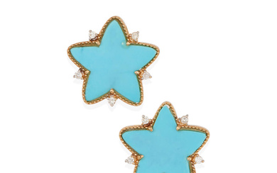 A PAIR OF 18K GOLD, TURQUOISE AND DIAMOND STAR EARRINGS