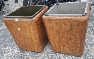 A PAIR OF ART DECO WALNUT WASTE BINS WITH METAL LINERS.
