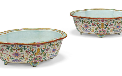 A PAIR OF CHINESE WHITE-GROUND FAMILLE ROSE QUATREFOIL-FORM 'LOTUS' JARDINIERES, JIAQING PERIOD (1796-1820)