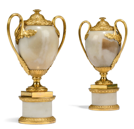 A PAIR OF GEORGE III ORMOLU-MOUNTED WHITE MARBLE CANDLE VASES